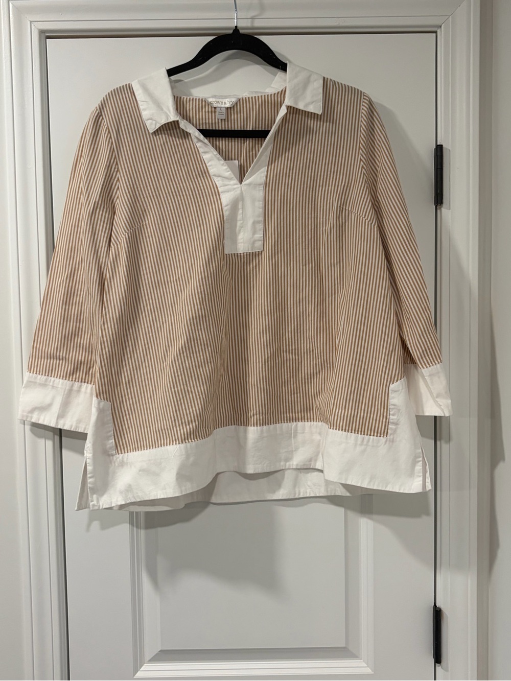 crown & ivy Tan and White Striped Collared Shirt (NWT)
